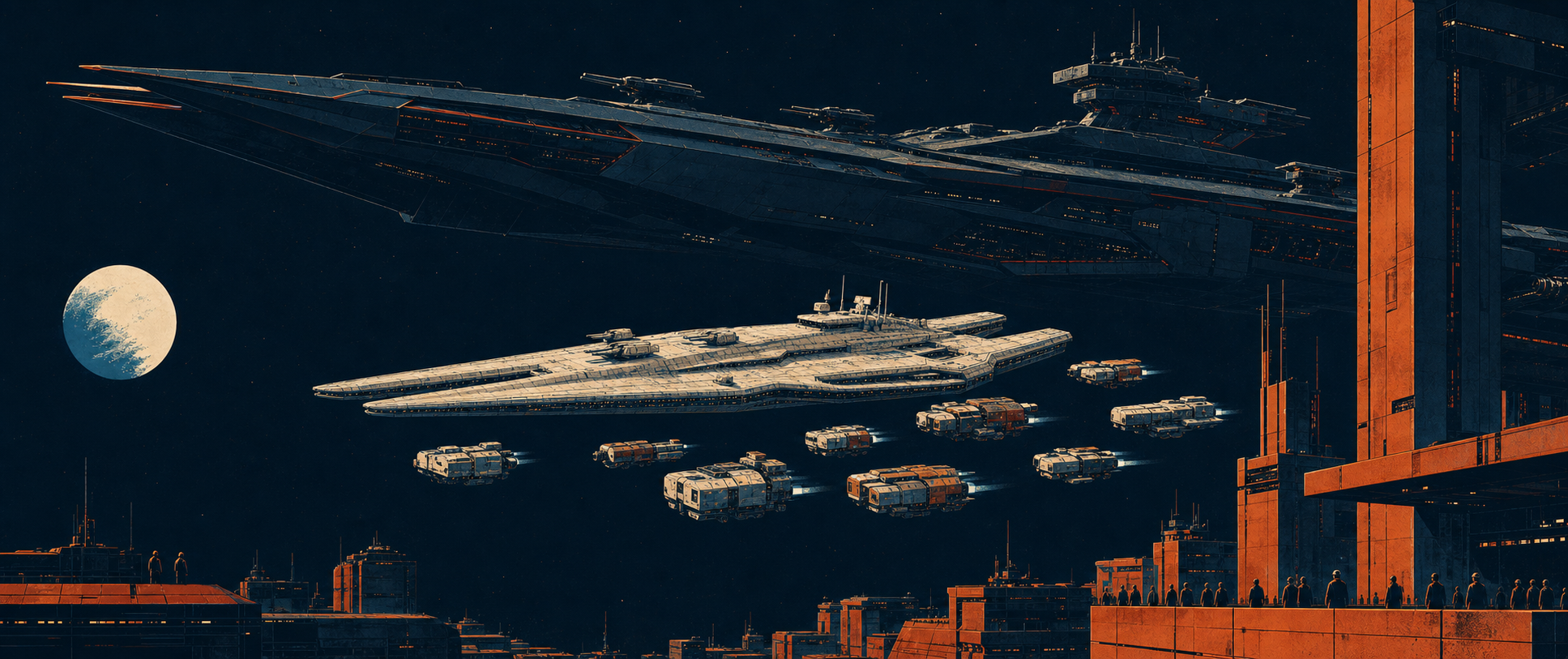 A colossal Black Vector fleet passing above an orbital city